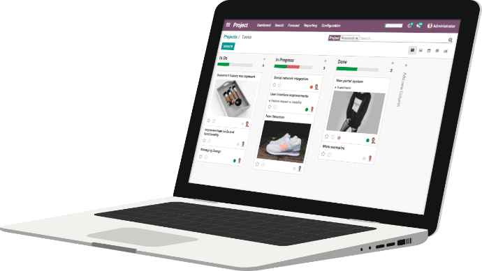Schema van een ERP-softwarepakket: verkoop, logistiek, finance en productie samen in één Odoo-platform